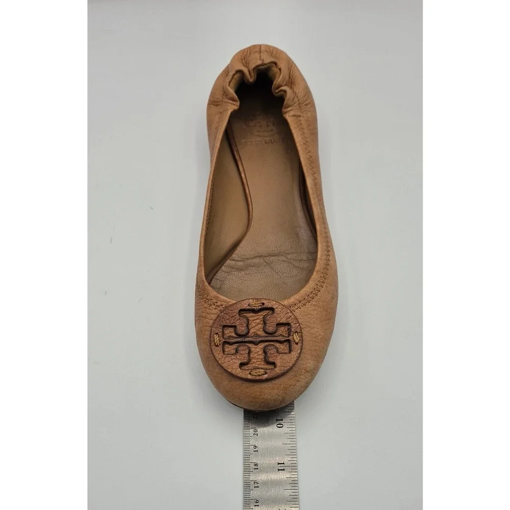 Tory Burch Reva Women Flats Sz 7 Tan Tumbled Leather Ballet Logo